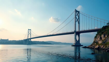 Fototapeta premium A modern suspension bridge spans a wide river, showcasing impressive civil engineering , traffic, tall
