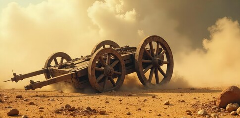 Ancient chariot overturned in a dusty field, suggesting a battle or rebellion Broken wheels, scattered debris evoke chaos and the aftermath of a violent revolution , history, collapse