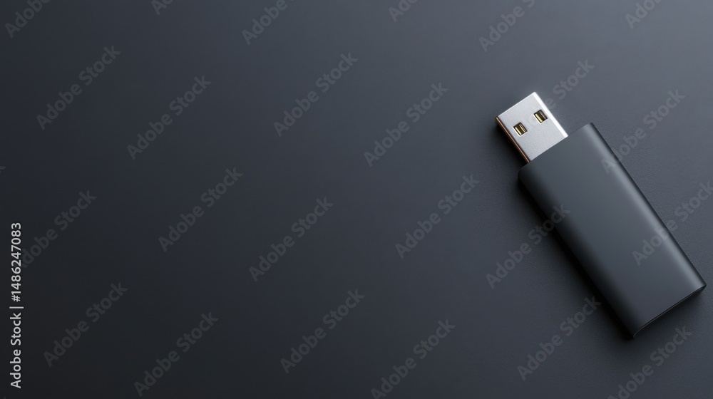 Aufkleber black usb flash drive laying on smooth dark surface with empty space for text