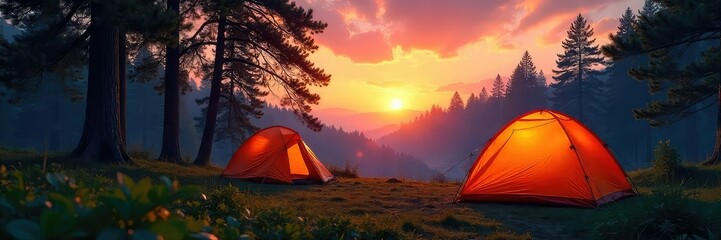 A picturesque tent campground nestled amongst towering trees, bathed in the warm glow of sunset Serene landscape, ideal for camping adventures , trees, peaceful
