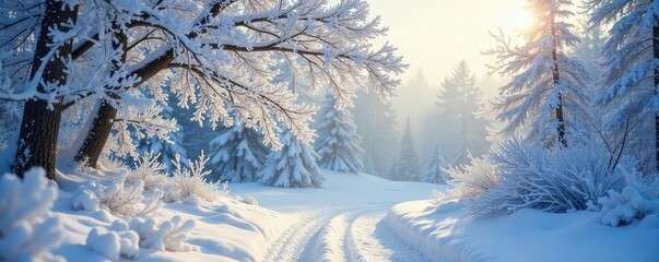 A picturesque winter scene featuring heavy snowfall on a frosty, chilly day Frozen branches, sparkling snow, a tranquil landscape , nature, grey, january