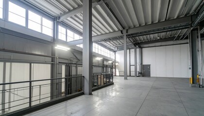 Organized Warehouse Mezzanine with Soft Morning Light and Industrial Lighting