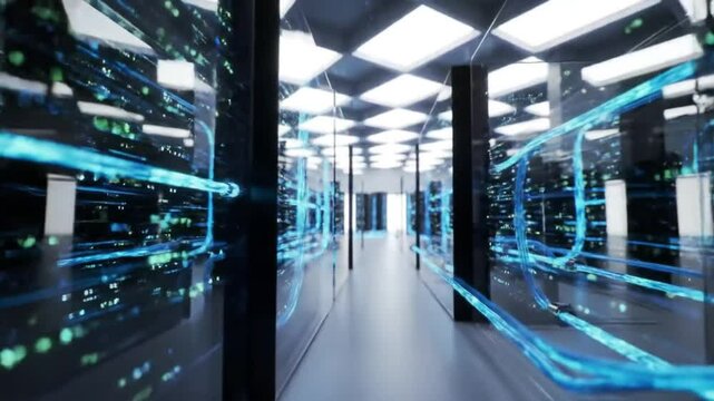 Futuristic data center corridor with illuminated fiber optic cables and servers - Powered by Adobe