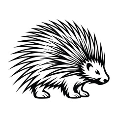 Monochrome Stylized Porcupine Walking, Spiky Quills, Isolated, Black and White