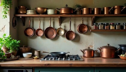 A rustic kitchen with various cooking utensils hanging on a wall, copper pots and pans gleam, and spices sit neatly on shelves , old kitchen, cook