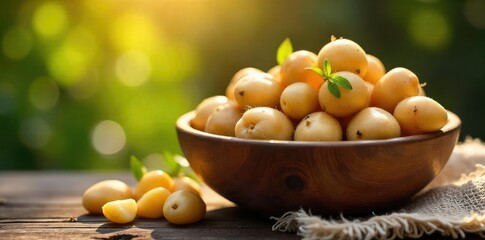 A rustic wooden bowl overflowing with freshly harvested potatoes, bathed in warm sunlight, evokes a sense of simple, wholesome joy , earth tones, vegetable, homegrown