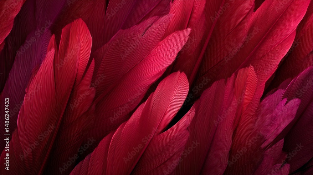 Fototapete Vibrant red feathers are arranged in a smooth, layered pattern, showcasing fine texture and gradient light variations, perfect for design applications