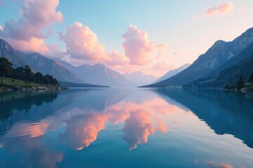 A serene landscape, devoid of overt emotional expression; still water reflecting a calm sky, conveying tranquility and emotional stillness , sky, muted, reflective surface