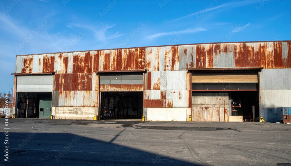 Poster rusty warehouse bulk storage with loading docks and dramatic shadows