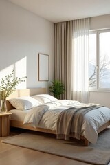 A serene minimalist bedroom with a simple bed, neutral tones, and natural light streaming through a sheer curtain Focus on calm and understated elegance for a restful atmosphere , wellness, spacious