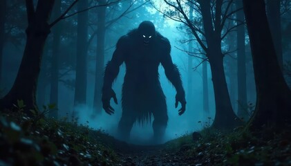 A shadowy, monstrous figure lurking in a dark, spooky forest at night, creating a terrifying atmosphere Its claws are visible, hinting at danger and fear , monster, monster movie, monster film