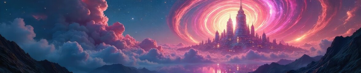 A shimmering, otherworldly cityscape rises from a swirling vortex of spectral energy, futuristic architecture blending with ethereal phenomena , spectral, futuristic city