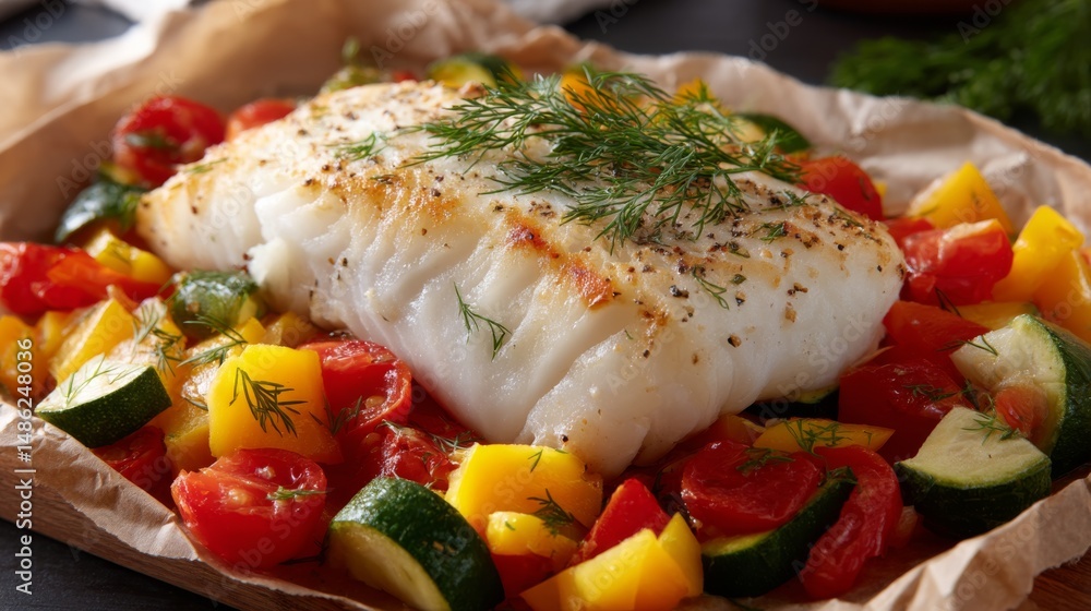 Poster a close-up view of baked cod wrapped in parchment and surrounded by vibrant vegetables, showcasing a