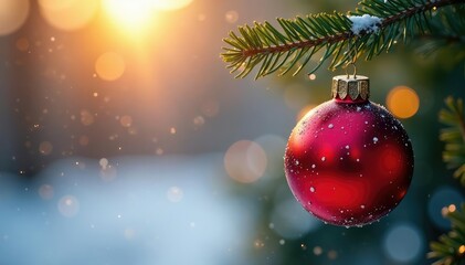 A single, glistening red Christmas bauble hangs from a twig, reflecting light , red, simple, glitter