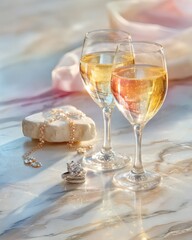 Two glasses of wine and jewelry on a marble surface, with beautiful lighting