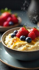A steaming bowl of creamy oatmeal topped with fresh berries and a drizzle of honey, ready to be enjoyed for a healthy and delicious breakfast , nuts, bowl
