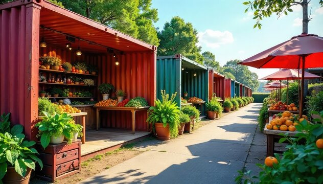 Colorful shipping containers repurposed as stalls at a vibrant farmers market, overflowing with fresh produce , shopping, outdoor market