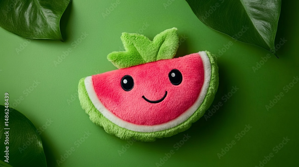 Poster smiling plush watermelon slice sits on a green background with two large leaves.
