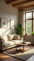 Fototapeta premium Cozy and inviting living room interior with comfortable furniture and natural light streaming through large windows, creating a warm and relaxing atmosphere , cushions, indoors, space