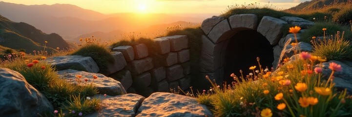 A symbolic empty tomb, signifying resurrection, bathed in the soft glow of dawn Cracked stone, overgrown with wildflowers, suggests new life and hope after death , overcoming, sacred, stone