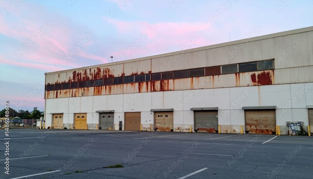 Poster rusty cold storage building with loading docks at dawn light