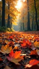 Autumn leaves scattered on a forest floor, creating a colorful carpet of nature's debris Sunlight filters through the canopy, illuminating the fallen foliage , fallen leaves, autumn, trees