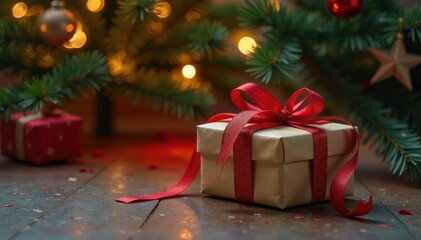 A beautifully wrapped Christmas gift sits under a decorated tree , present box, celebration