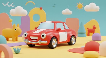Playful Cartoon Car on Colorful Background with Toy Animals