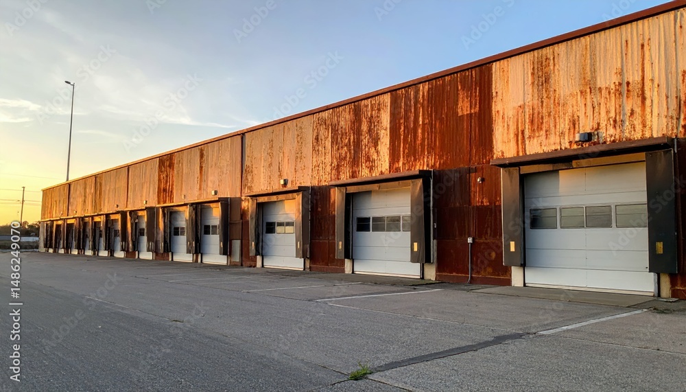 Poster rusty cross dock facility with loading docks during golden hour