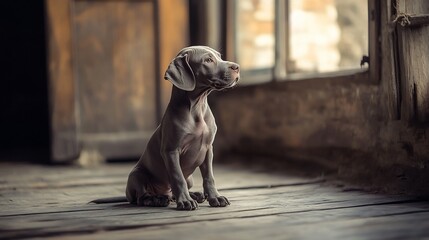 Cute puppy sitting in rustic interior, looking out window