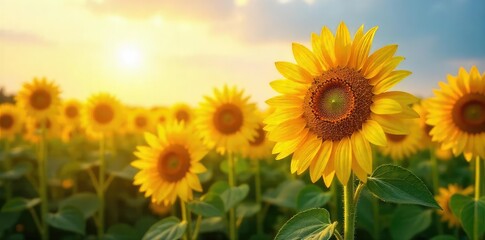 A vibrant field of towering sunflowers basking in the golden sunlight, their faces turned towards the sky Perfect for summer, nature, and agriculture themes , sunflowers, vibrant