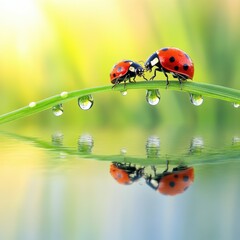 Obraz premium Two ladybugs on a blade of grass with water drop reflection