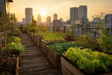 Fototapeta premium Rooftop Garden at Sunset: Lush rooftop garden at sunset, filled with rows of verdant vegetables against a scenic city skyline. The sun casts a golden glow over the wooden planters and greenery.