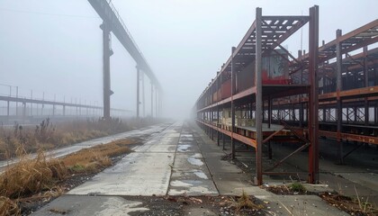 Fototapeta premium Rusty Shelving Units in Misty Atmosphere of Abandoned Fulfillment Center