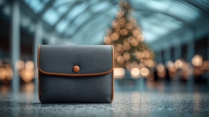 Stylish Dark Gray Leather Wallet on Floor Near Festive Christmas Tree