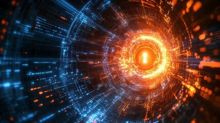 Fototapeta premium Cybersecurity is depicted as a radiant digital lock, encircled by flowing binary code and data. 