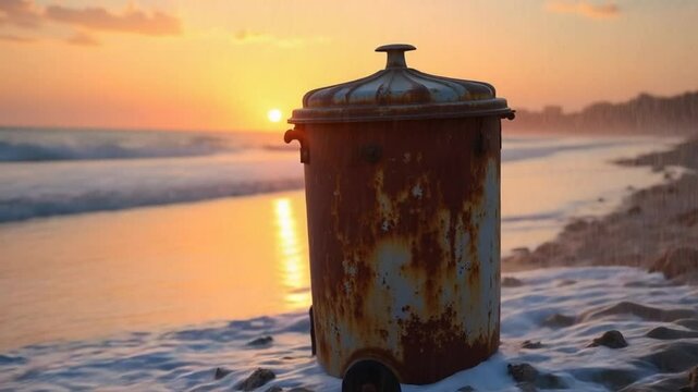 Rusty trash can on sandy beach at sunset reflecting natures neglect