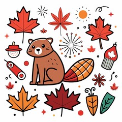 Cute autumnal scene with a raccoon, maple leaves, fireworks, and other fall elements