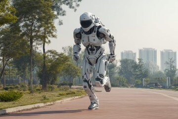 Futuristic exoskeleton assisting a senior athlete running in a park, medical robotics concept art, photorealistic
