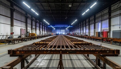 Fototapeta premium Industrial Warehouse with Rusty Furniture and Conveyor Belts Under Neon