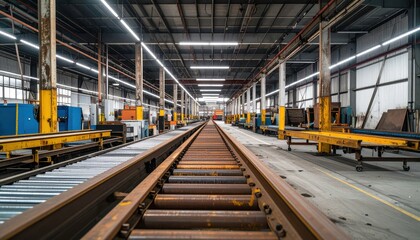 Fototapeta premium Rustic Warehouse Scene with Conveyor Belts and Neon Accents