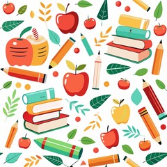 Back-to-school themed pattern with apples, books, pencils, and leaves