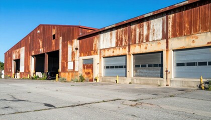 Obraz premium Rusty Warehouse with Loading Docks Under Harsh Midday Sunlight