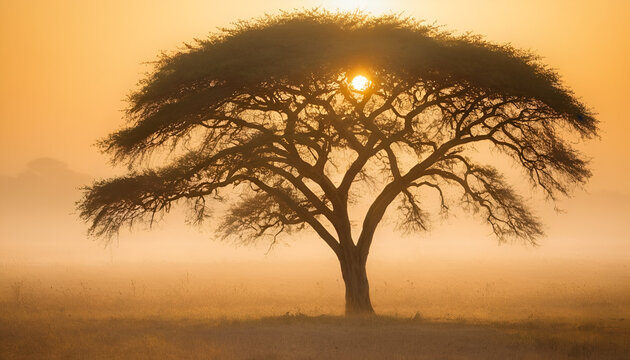 Big old tree in middle of the field at sunset.