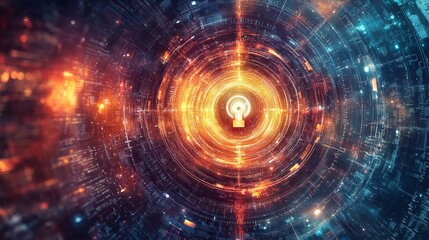 Obraz premium Cybersecurity is depicted as a radiant digital lock, encircled by flowing binary code and data. 