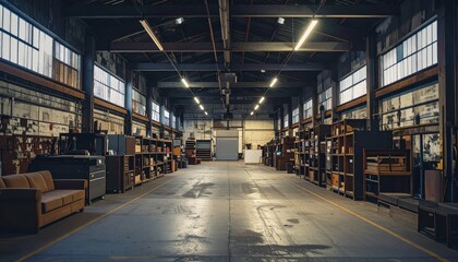 Industrial Warehouse with Rusty Furniture Under Cool Ambient Lighting