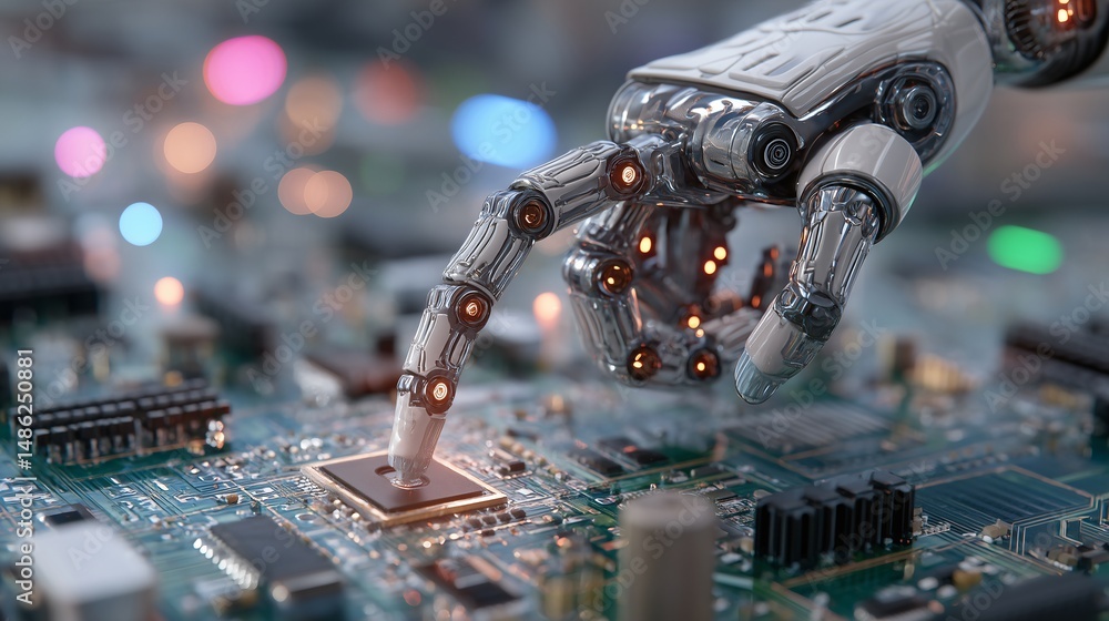 Poster Robotic Precision: A robotic hand delicately interacts with a computer chip, showcasing advanced technology and automation.