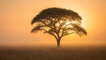 Big old tree in middle of the field at sunset.