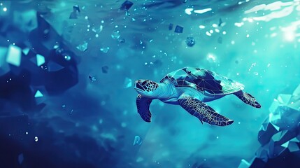 Fototapeta premium A vibrant, colorful digital illustration of a sea turtle swimming underwater against a geometric blue background.