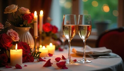 Elegant anniversary dinner setting with candles, flowers, and champagne , white, flowers, romance